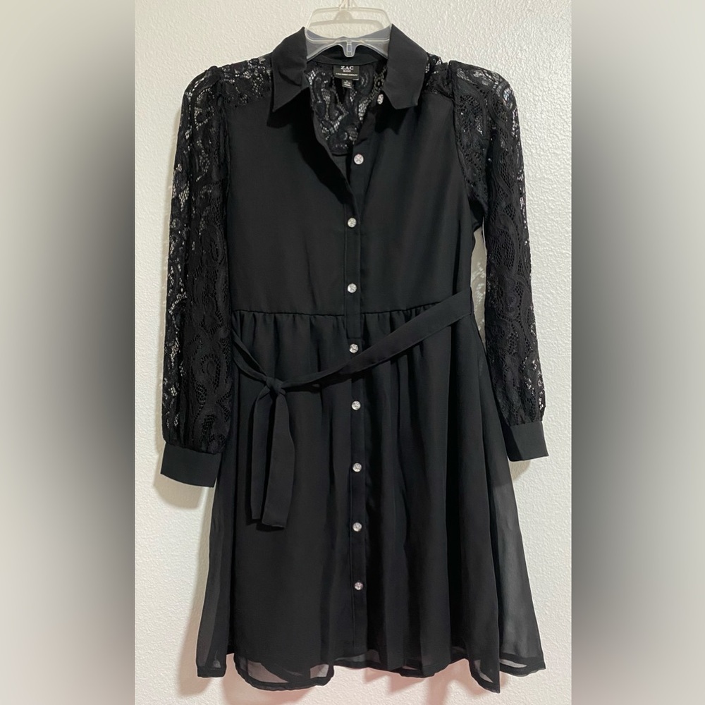Zac Posen Kids Girls Black Lace Sleeve Dress Jewel Buttons sz Large 10-12 NWOT
